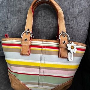 Coach Multicolor Striped Tote with Tan Accents